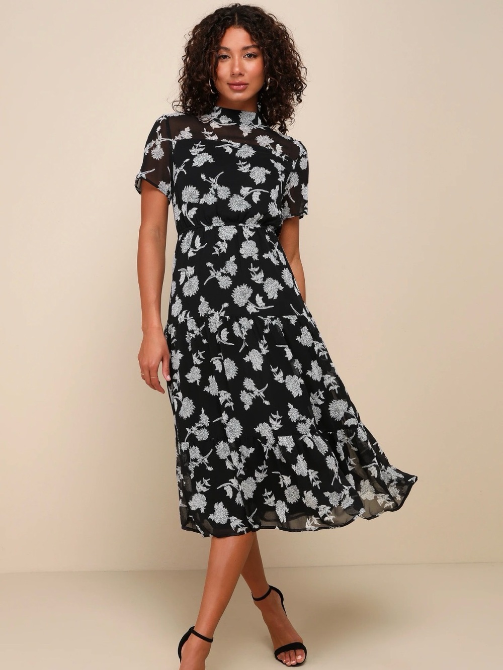 Lulus Black Floral Print Midi Dress
